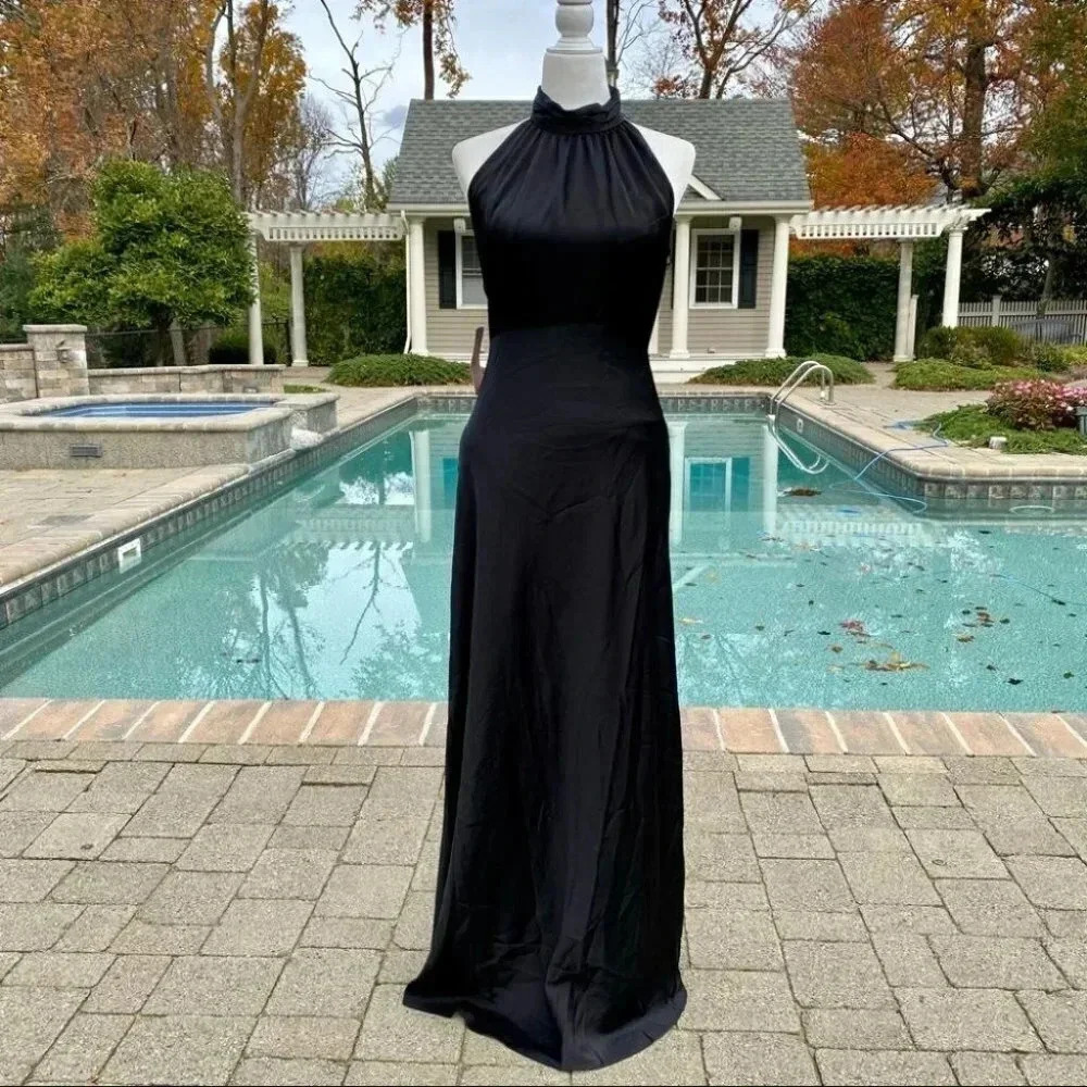 NWT Anthropologie BHLDN High-Neck Formal Satin Maxi Dress Black 8